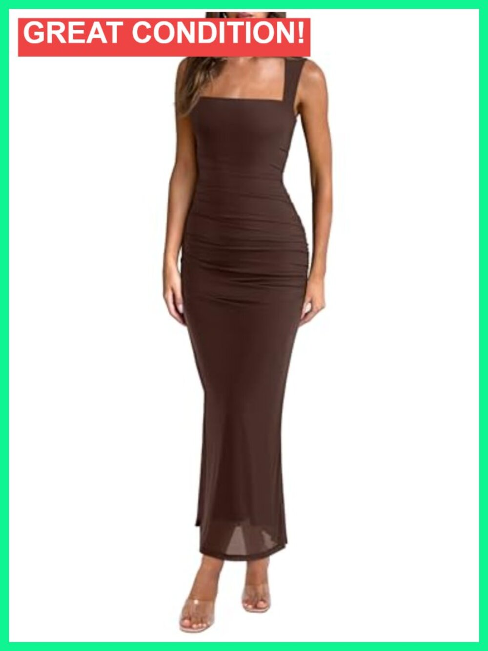 Sleeveless Square Neck Ruched Bodycon Maxi Dress, Sheer Mesh, Formal, Club